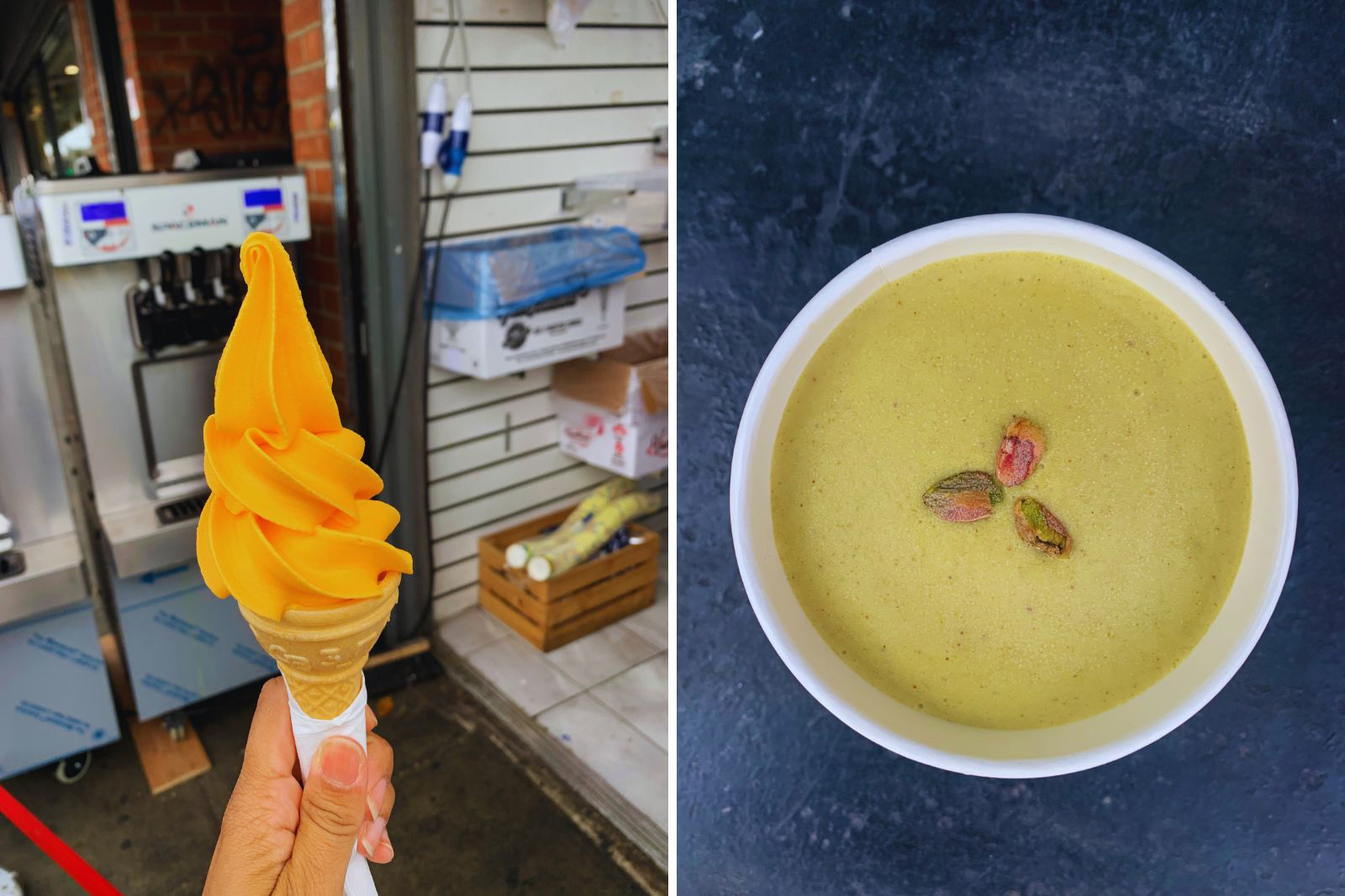 Left: hafiz juice corner mango soft serve. Right: pistachio tub of booza from mama booza.  Photo by Zaynab Al Asaadi