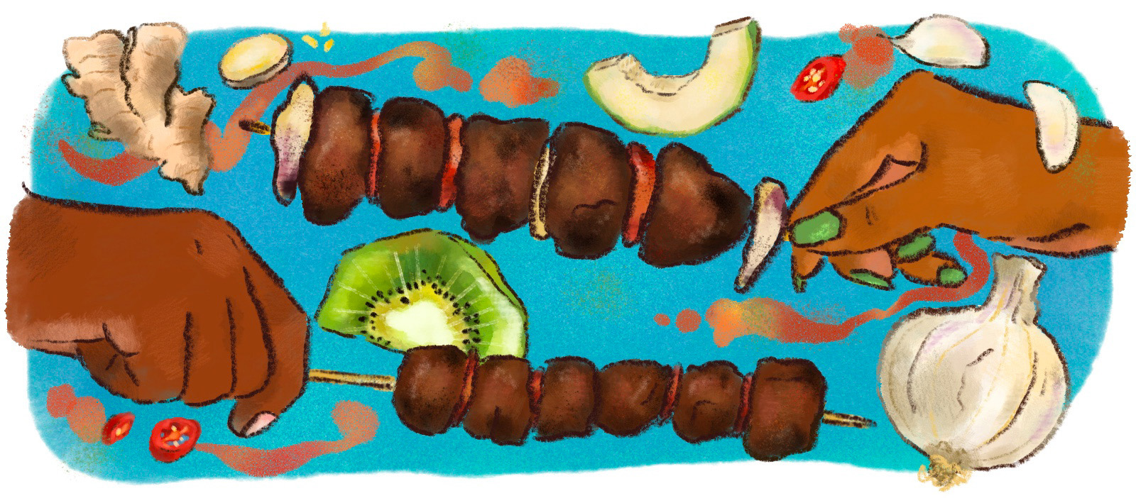 Illustration of mishkaki, east African meat skewers