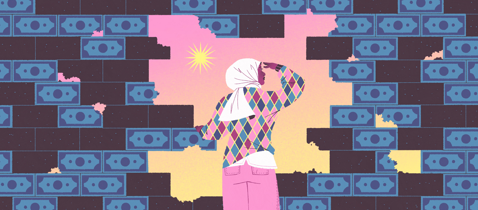 Illustration of a Muslim woman staring through a hole in a brick wall  