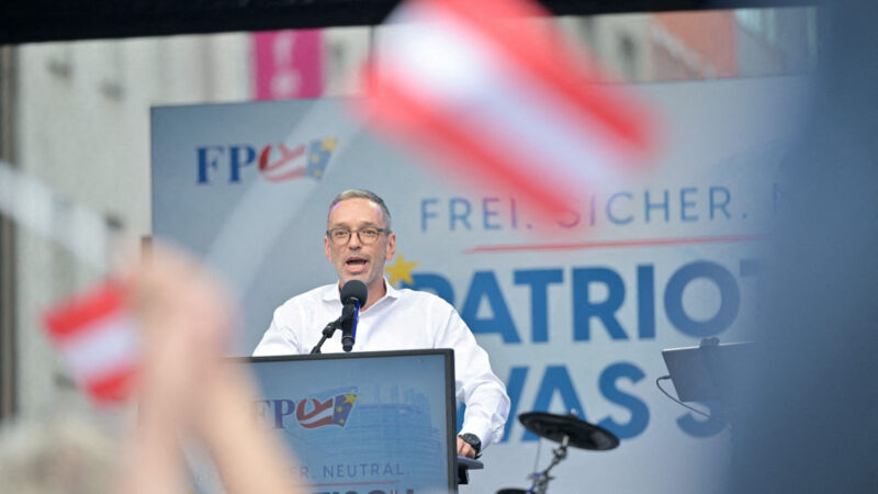Leader of Austria's Freedom Party (FPOe) Herbert Kickl delivers a speech during the final EU election rally in Vienna, Austria on 7 June, 2024. Photo by Elisabeth Mandl via Reuters