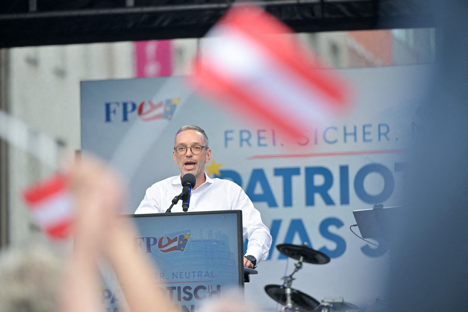 Leader of Austria's Freedom Party (FPOe) Herbert Kickl delivers a speech during the final EU election rally in Vienna, Austria on 7 June, 2024. Photo by Elisabeth Mandl via Reuters