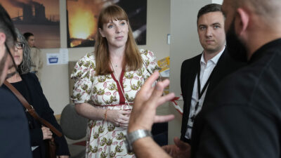 Deputy Prime Minister Angela Rayner visits a Holiday Inn Express where cleanup efforts are underway from a riot on August 7, 2024 in Rotherham, England. A riot erupted here on Sunday as a crowd assaulted police officers and smashed windows at the hotel, which has been used to house asylum seekers.
