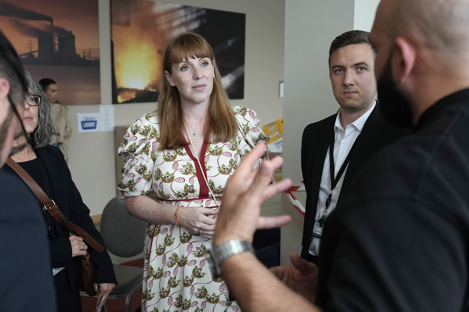 Deputy Prime Minister Angela Rayner visits a Holiday Inn Express where cleanup efforts are underway from a riot on August 7, 2024 in Rotherham, England. A riot erupted here on Sunday as a crowd assaulted police officers and smashed windows at the hotel, which has been used to house asylum seekers. 