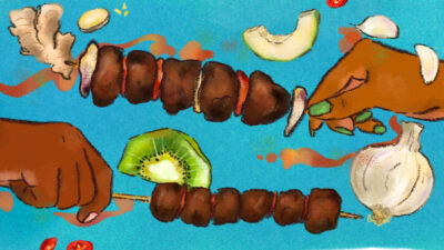 Illustration of East African meat skewers, mishkaki