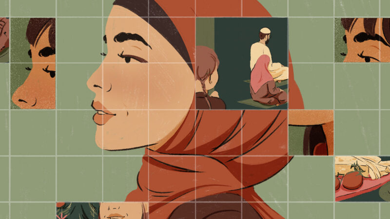 Muslim woman wearing a head scarf. Illustration for Hyphen by Heedayah Lockman