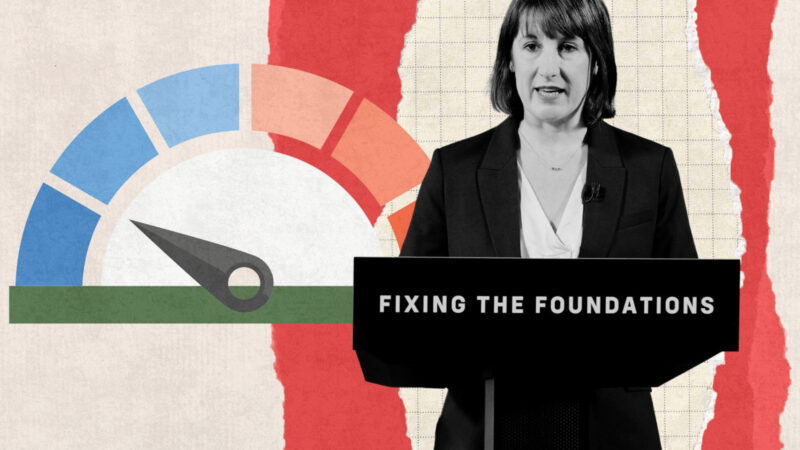 An image of Rachel Reeves behind a lectern that reads 'fixing the foundations', with a stylised illustration of a thermostat behind her set to a low temperature. Artwork by Hyphen/Photograph by Lucy North/WPA Pool/Getty Images