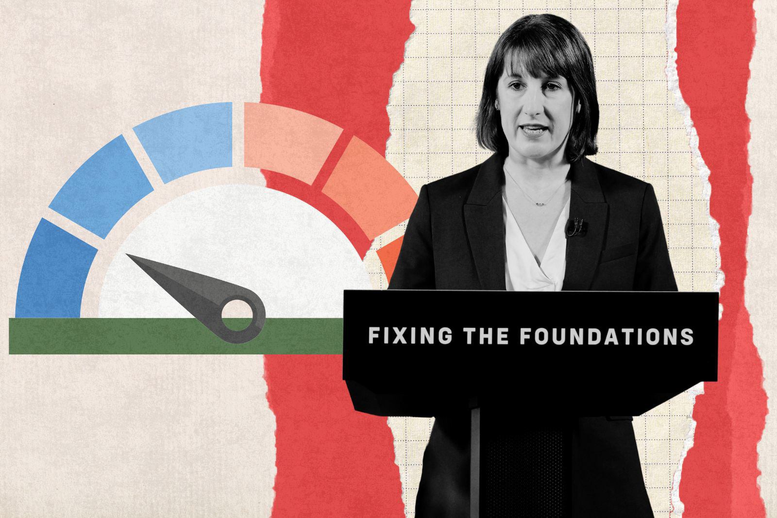 An image of Rachel Reeves behind a lectern that reads 'fixing the foundations', with a stylised illustration of a thermostat behind her set to a low temperature. Artwork by Hyphen/Photograph by Lucy North/WPA Pool/Getty Images