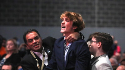 A demonstrator tries to interrupt the speech of British Chancellor of the Exchequer Rachel Reeves at the Britain's Labour Party's annual conference in Liverpool, Britain, September 23, 2024.