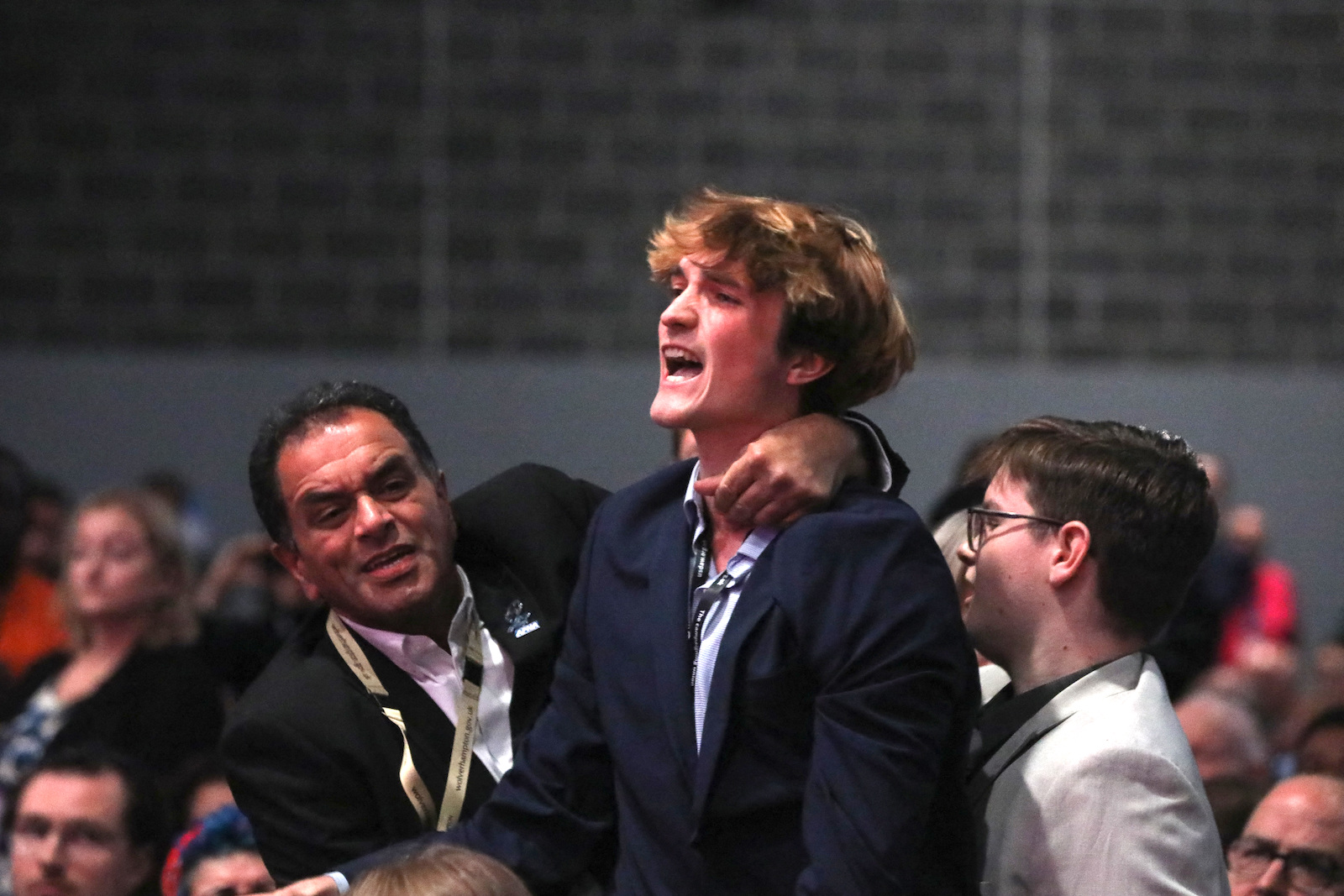 A demonstrator tries to interrupt the speech of British Chancellor of the Exchequer Rachel Reeves at the Britain's Labour Party's annual conference in Liverpool, Britain, September 23, 2024. 