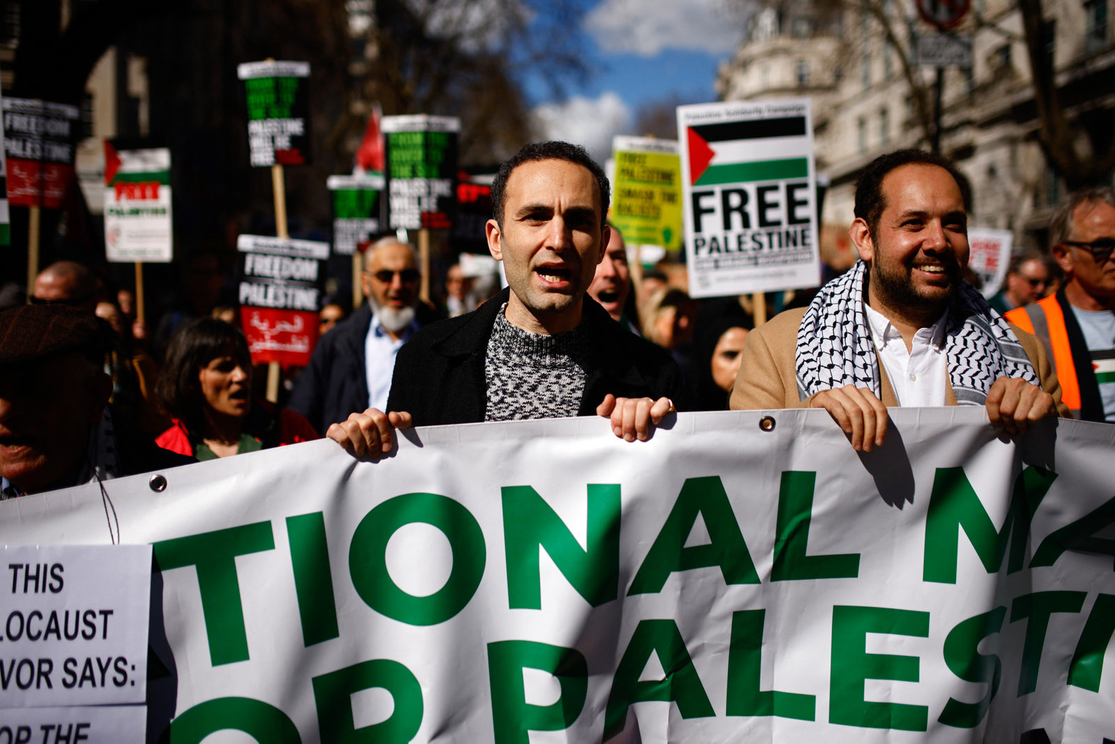 British actor Khalid Abdalla joins pro-Palestinian activists and supporters at a protest in central London on March 30, 2024, calling for a ceasefire in the Israel/Hamas conflict. 