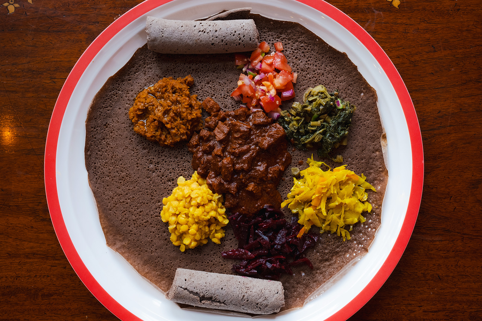 A 'mix'n'match' plate from Delina, an Ethiopian and Eritrean food spot in Shepherd's Bush market