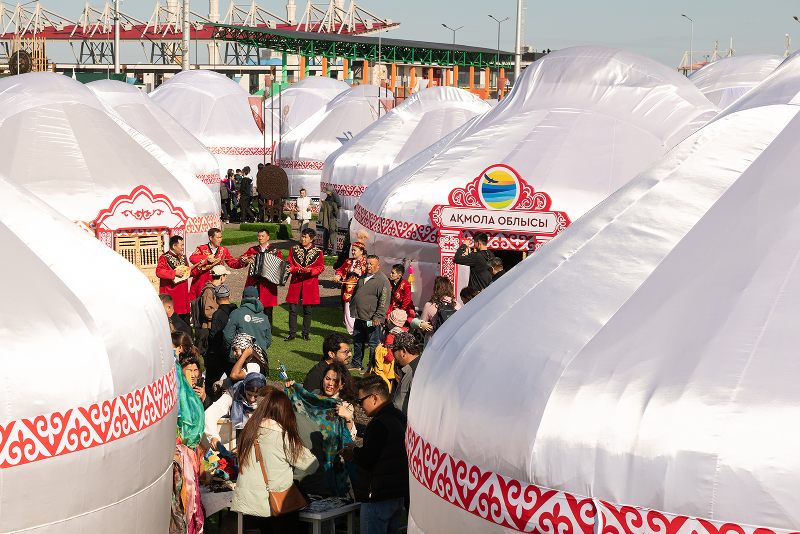 A series of white tents that make up the ethnic village at the 2024 World Nomad Games in Astana, Kazakhstan