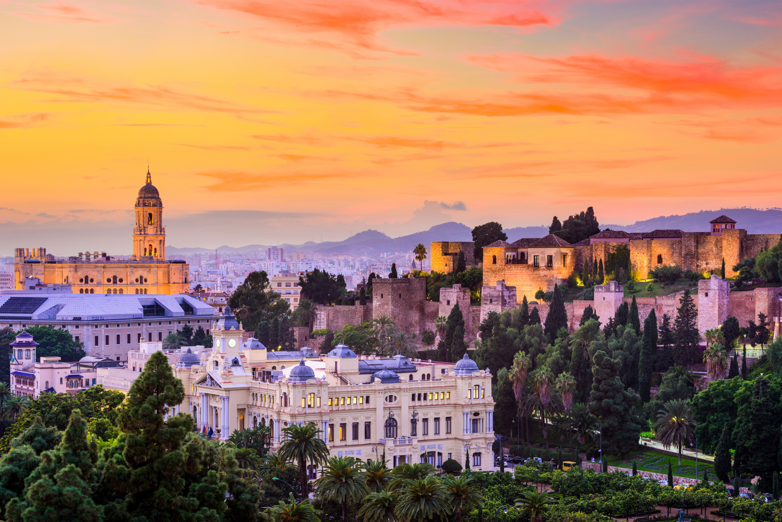 Aerial sunset view of Malaga, Spain