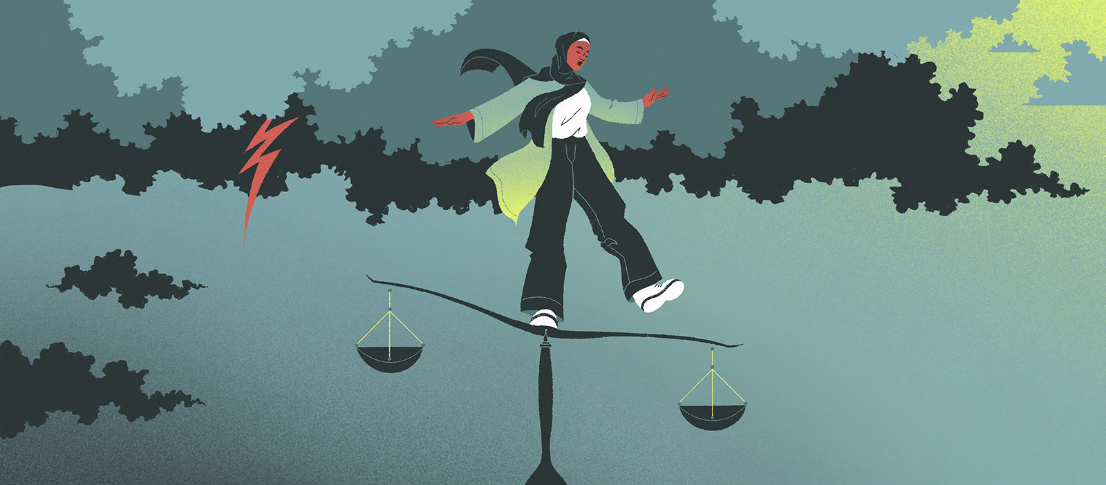 Illustration of Muslim woman standing on one leg on a set of balancing scales