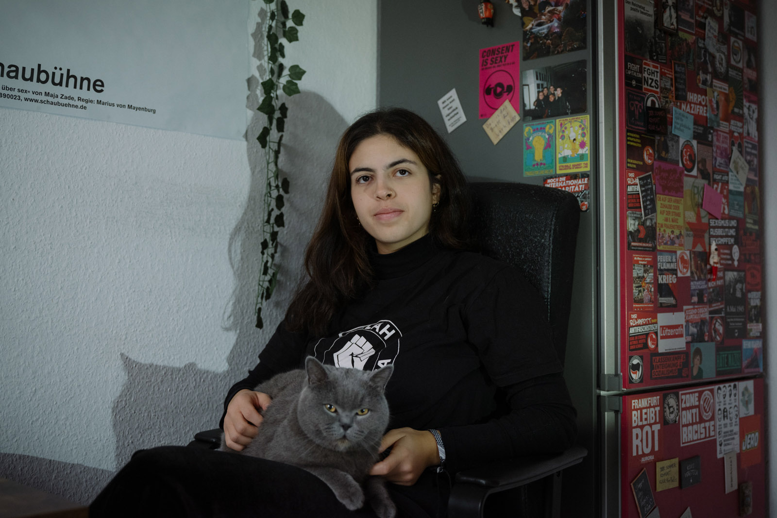 Ava Moayeri, German pro-Palestine activist arrested at a protest in Berlin in October 2023, pictured with her cat at home