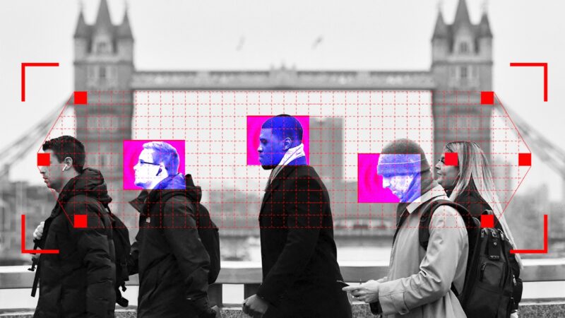 Illustration of people walking in front of Tower Bridge with graphics on their faces to indication facial recognition software