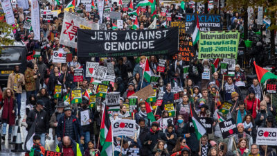 Tens of thousands of pro-Palestinian activists take part in a National March for Palestine to call for a permanent ceasefire in Gaza on 9th December 2023 in London, United Kingdom. The march, from the City of London to Westminster, was organised by Palestine Solidarity Campaign, Stop the War Coalition, Friends of Al-Aqsa, Muslim Association of Britain, Palestinian Forum in Britain and CND.