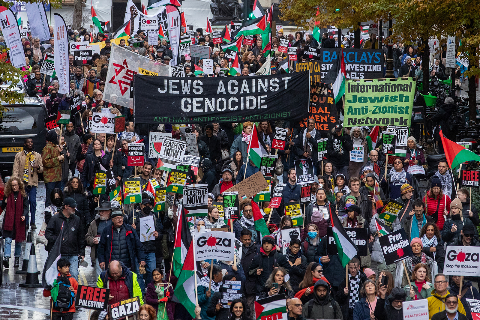 Tens of thousands of pro-Palestinian activists take part in a National March for Palestine to call for a permanent ceasefire in Gaza on 9th December 2023 in London, United Kingdom. The march, from the City of London to Westminster, was organised by Palestine Solidarity Campaign, Stop the War Coalition, Friends of Al-Aqsa, Muslim Association of Britain, Palestinian Forum in Britain and CND. 