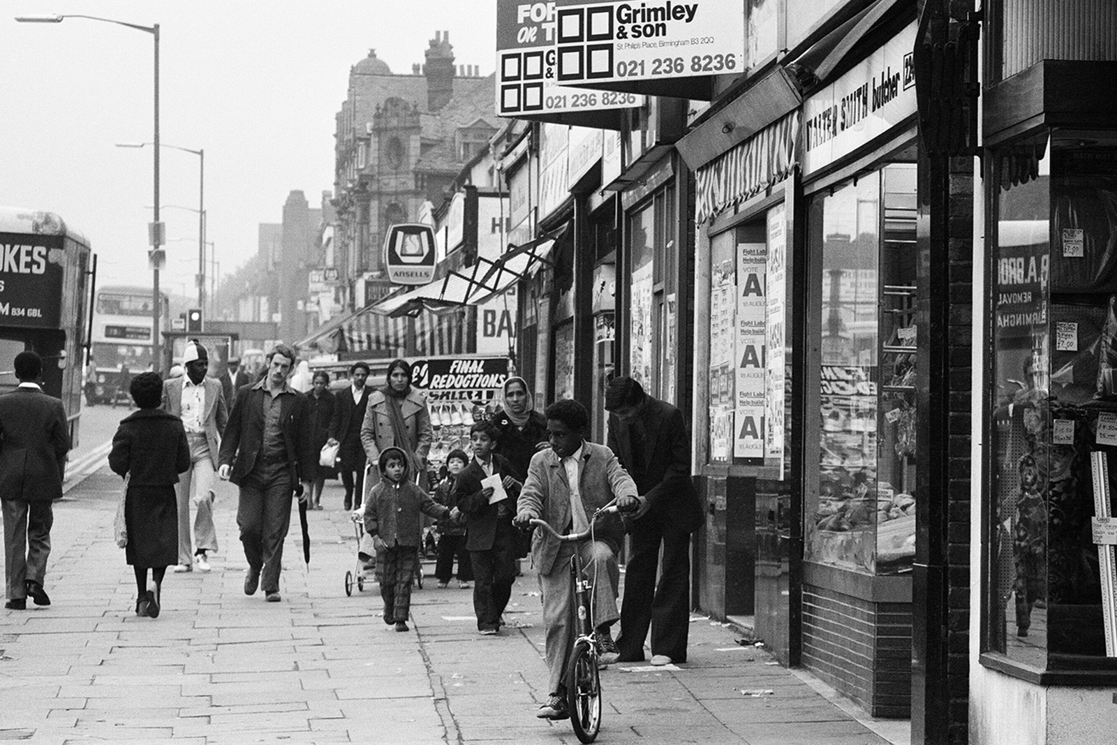 A street scene in Ladywood, Birmingham, West Midlands showing people from many cultures, taken on 15 August 1977.