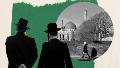 A composite image showing men in traditional Jewish dress and an image of a mosque