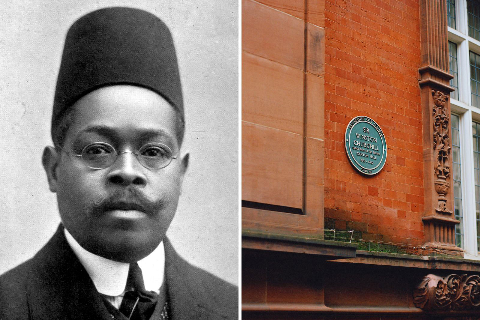 Right: Sudanese-Egyptian journalist, actor and activist Dusé Mohamed Ali. Left: A placque on the front of Caxton Hall, the old Westminster Town Hall commemorating a speech given by Winston Churchill