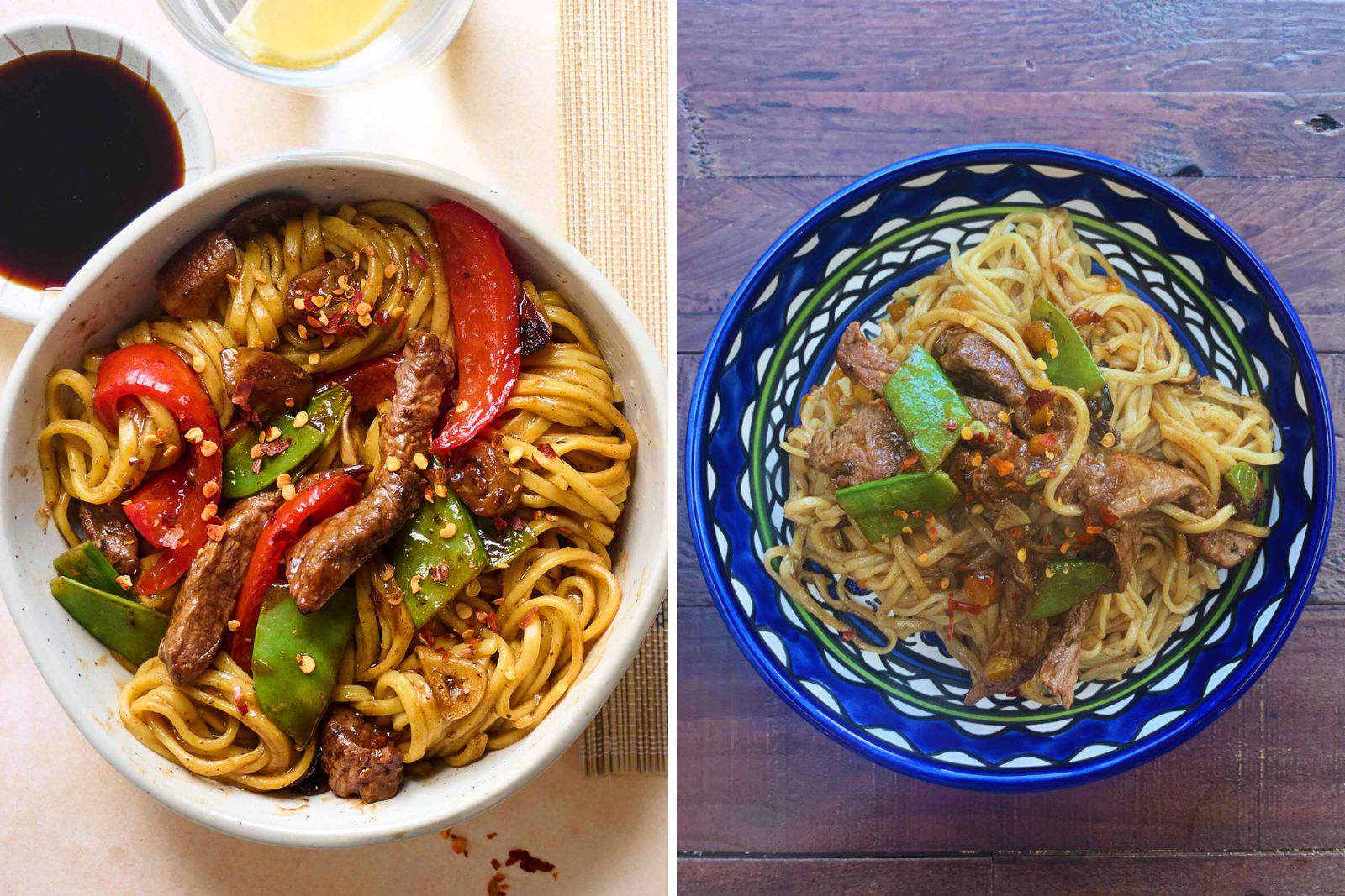 Two pictures of It's Halal black bean noodles