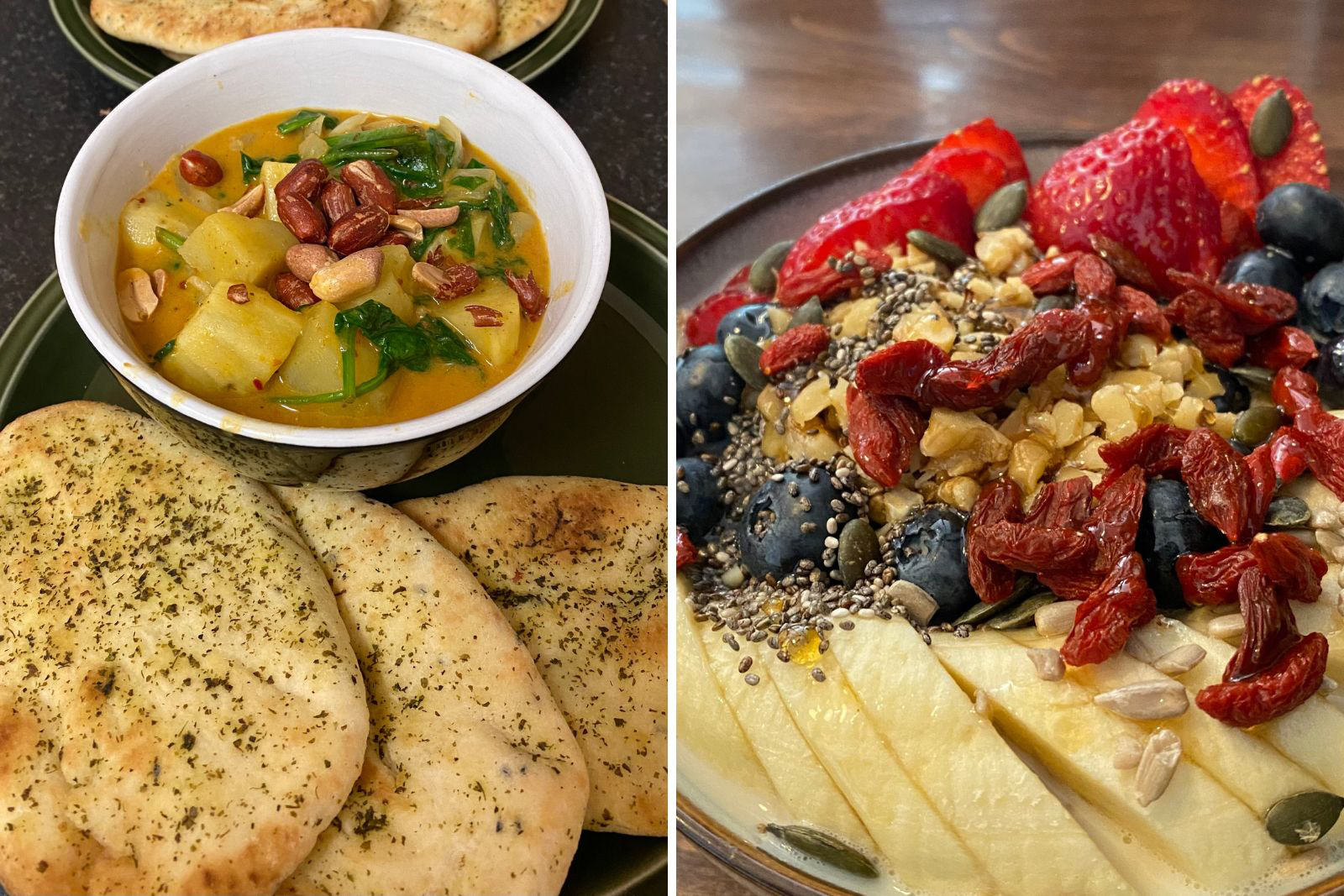 A composite image of bread and curry and a bowl of fruit