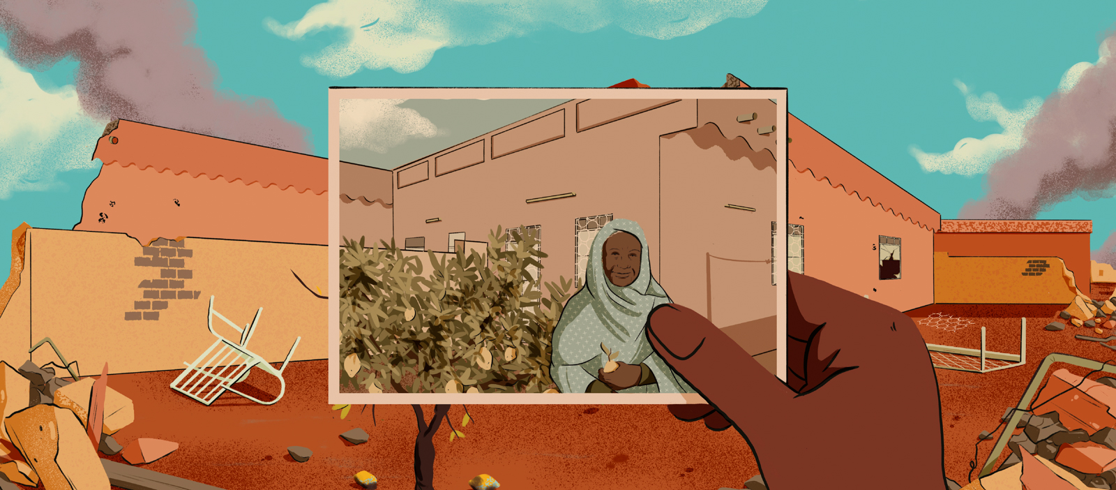 Illustration showing someone holding a photo of a happier time at their home in Sudan before the now-destroyed building