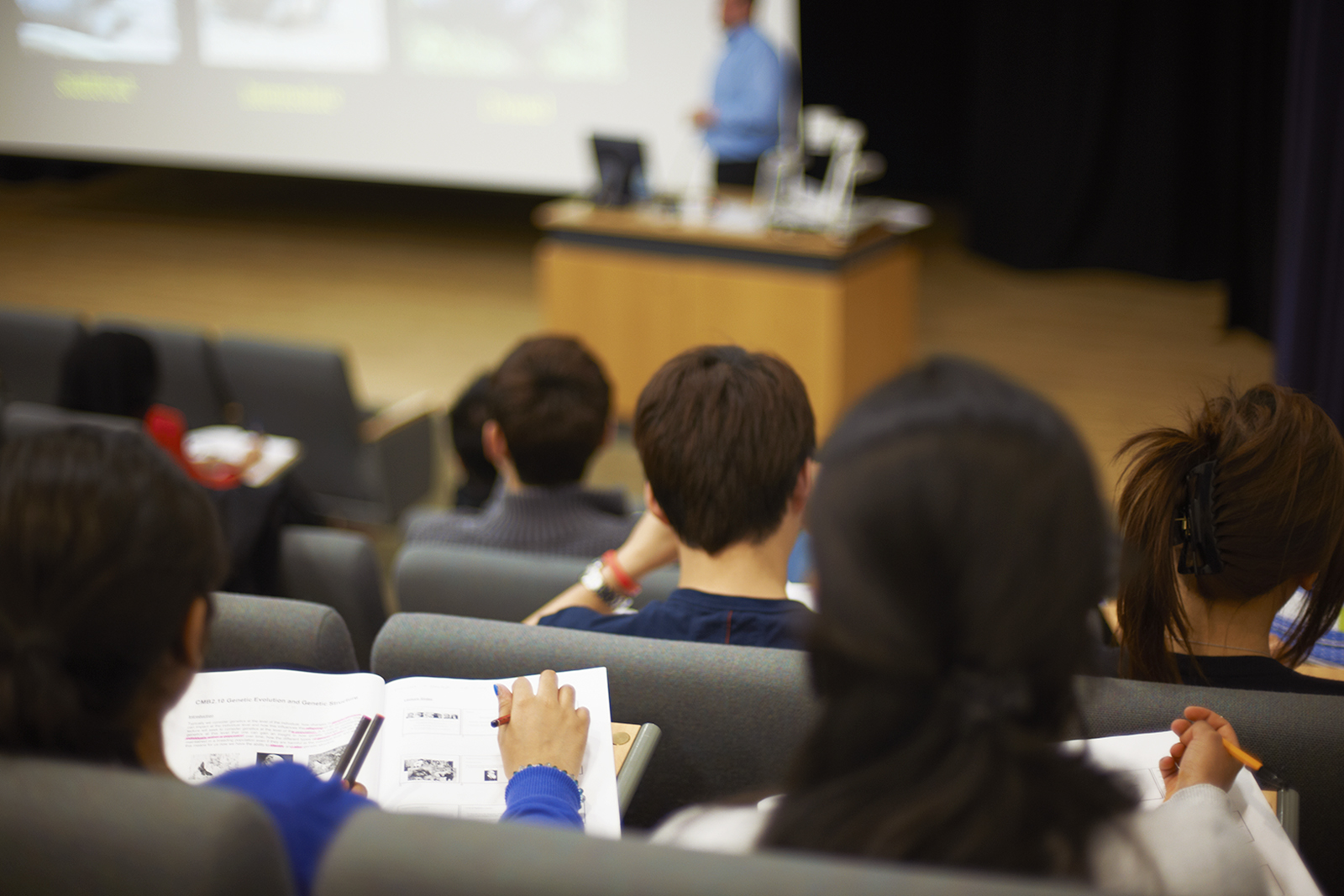 Back of students reading in university lecture