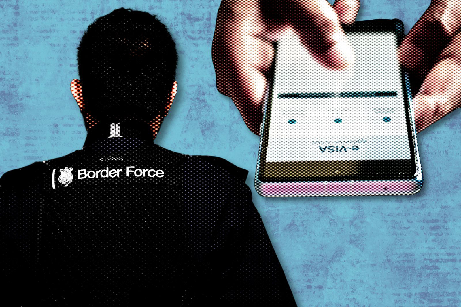 Illustration of hand holding phone with e-visa site, and a Border Force officer