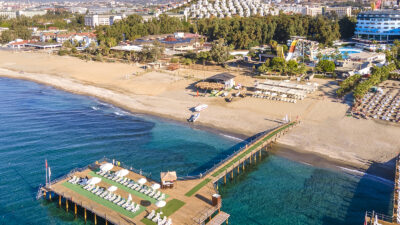 Overview of the beach and jetty at Bera Alanya Resort in Alanya, Turkey