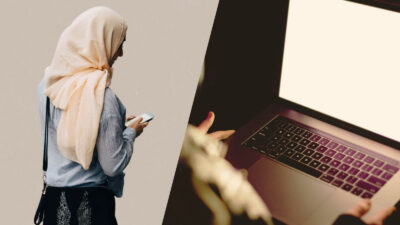Composite image: woman looking at a smartphone (left), person looking at a laptop computer (right)