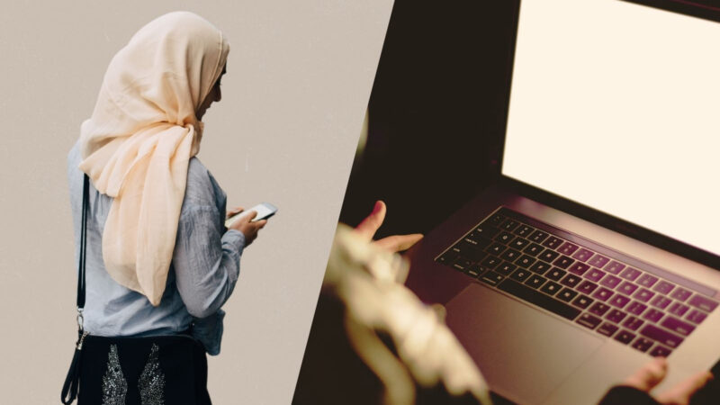 Composite image: woman looking at a smartphone (left), person looking at a laptop computer (right)