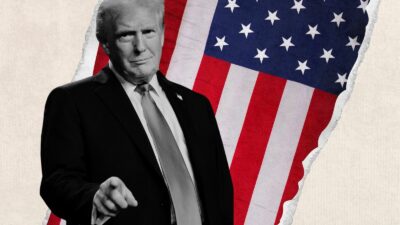 Illustration of Donald Trump pointing in front of US flag