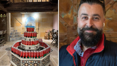 Split image of a display at Palestine House on the left and Osama Qashoo, the founder, on the right