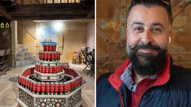 Split image of a display at Palestine House on the left and Osama Qashoo, the founder, on the right