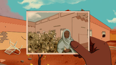 Illustration showing someone holding a photo of a happier time at their home before the now-destroyed building