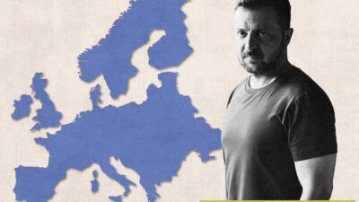 artwork featuring a map of Europe (left) and a photograph of Ukrainian president Volodymyr Zelenskyy (right)