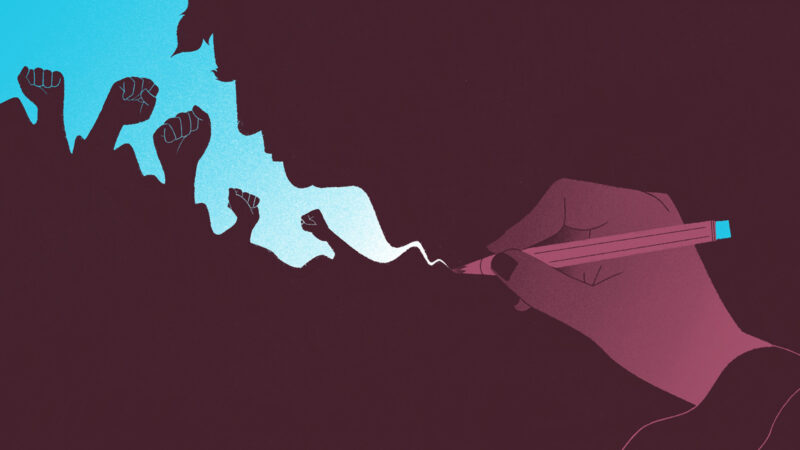 Blue and burgundy illustration of a hand drawing what resembles a coastline and sea that is in the shape of Donald Trump's profile and fists raised in protest