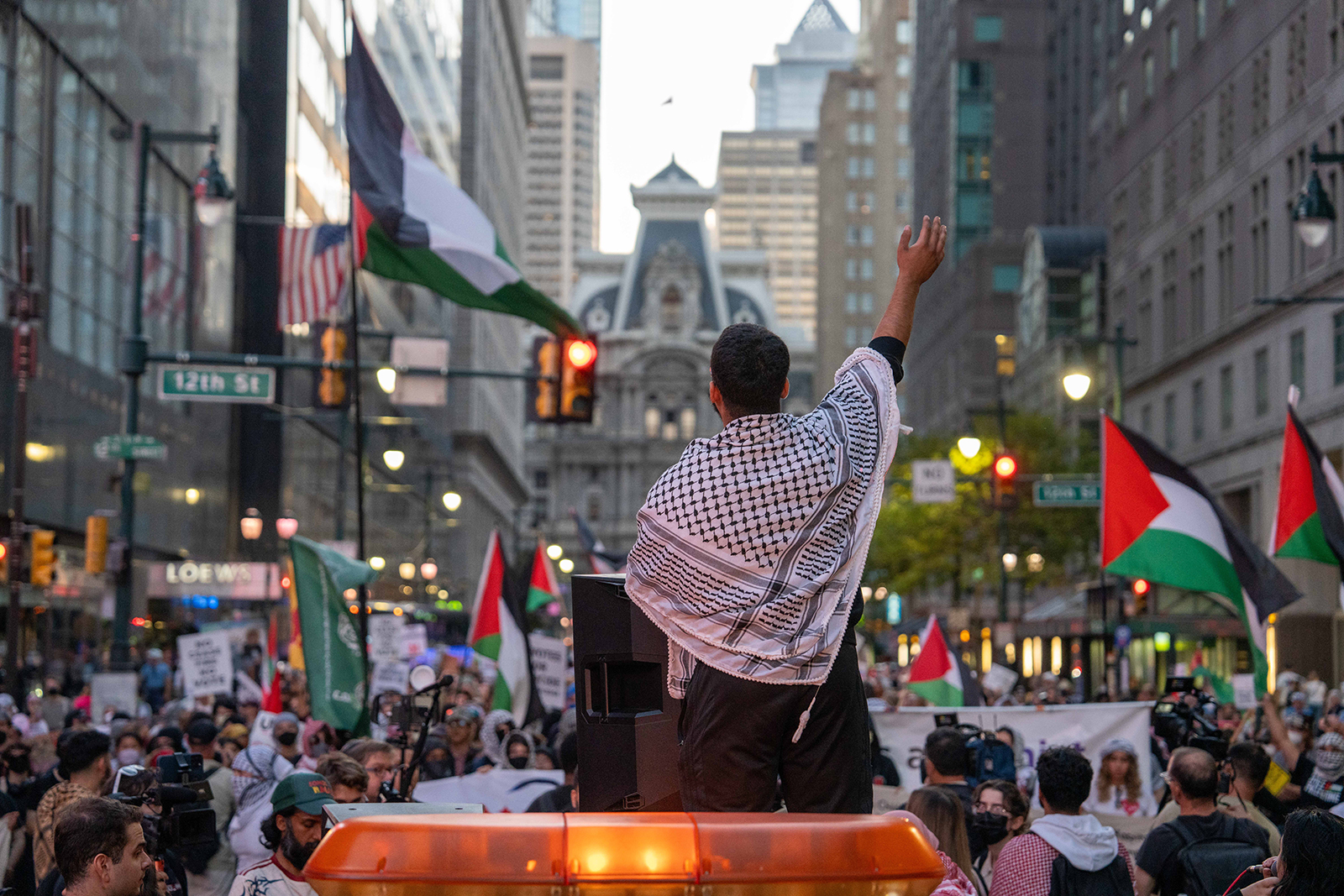 Pro-Palestine protesters march through the streets of Philadelphia, Pennsylvania, on 10 September 2024