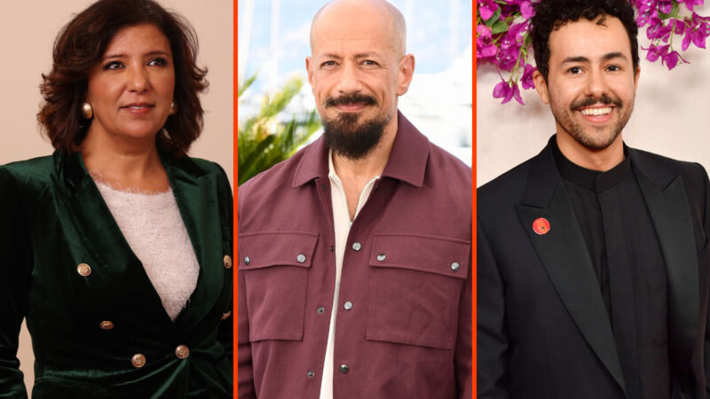 A three-way split image showing Kaouther Ben Hania, Tarik Saleh and Ramy Youssef, all dressed in dark jackets.