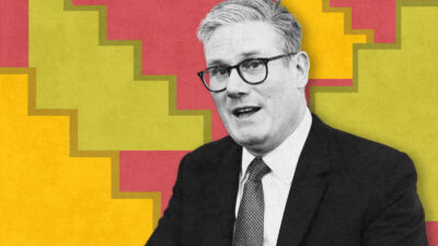 Keir Starmer in a suit, with a graphic of four simple staircases behind him