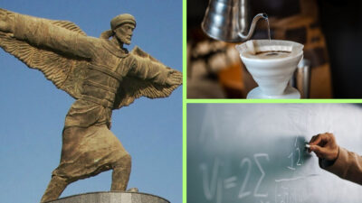 A statue of Abbas Ibn Firnas, on Baghdad International Airport Road, Filter coffee being prepared, Algebra equations being written on a chalk board.