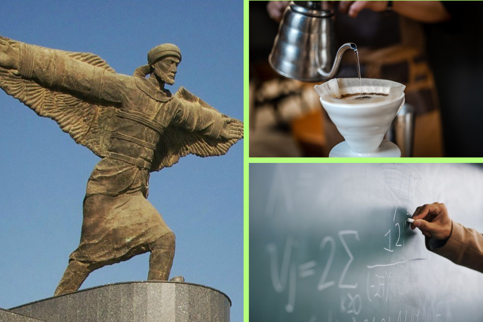 A statue of Abbas Ibn Firnas, on Baghdad International Airport Road, Filter coffee being prepared, Algebra equations being written on a chalk board.