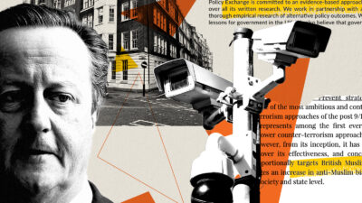 Illustration featuring an image of David Cameron (left), the Policy Exchange HQ (centre), and text from its reports (right)