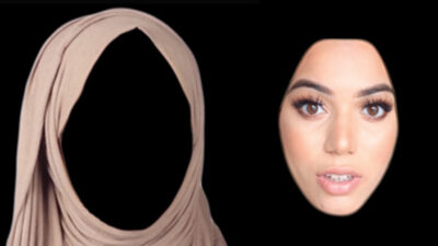 Sarah Amrani's artwork Strategy of Beautification, hijab and face cut out, 2017.