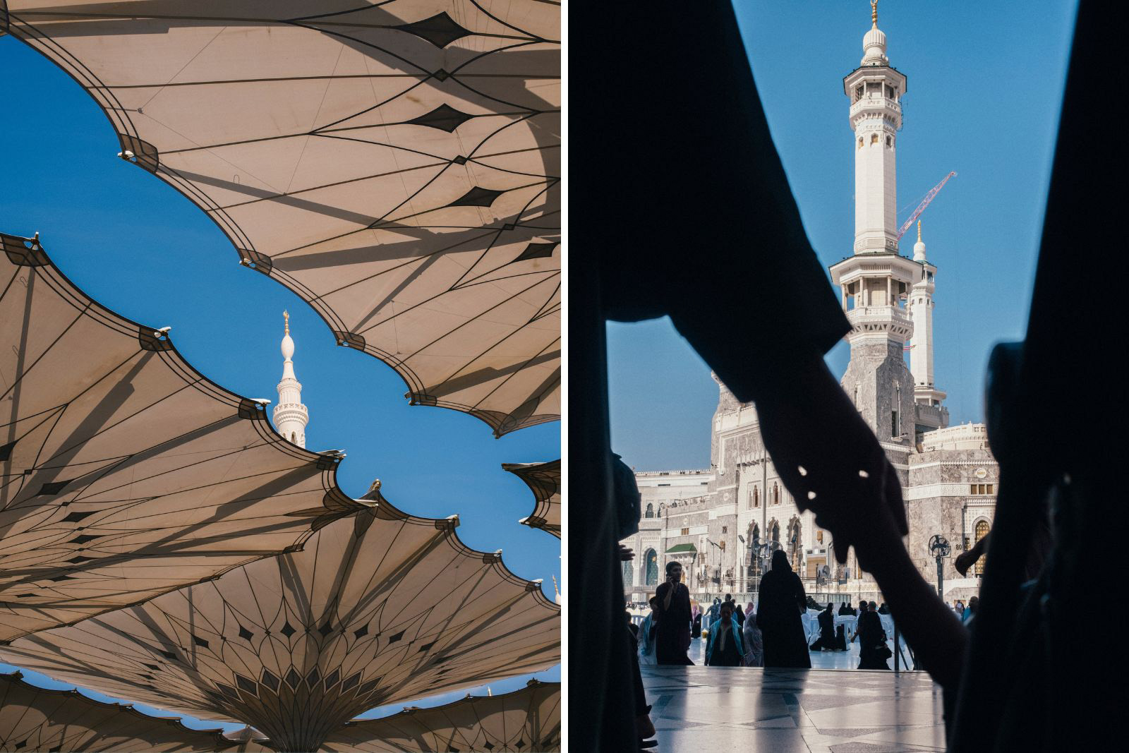 Left: under courtyard umbrellas. Al-Masjid an-Nabawi (The Prophet’s Mosque) in Medina. Right: Courtyard of the Masjid al-Haram in Mecca.