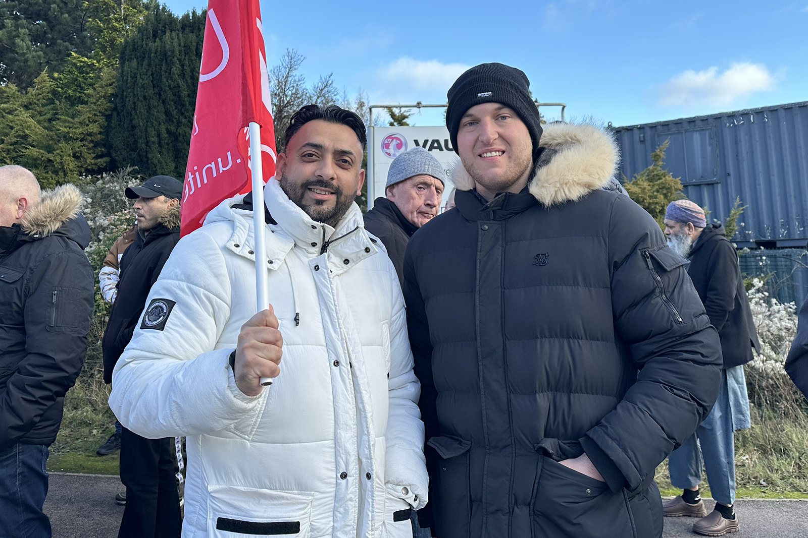 Mohammed Hussain (left) with a colleague outside Luton Vauxhall factory on December 18 2024