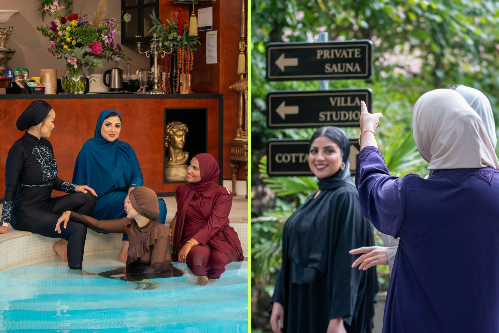 Muslim women enjoying Nardinclant spa's pool and gardens