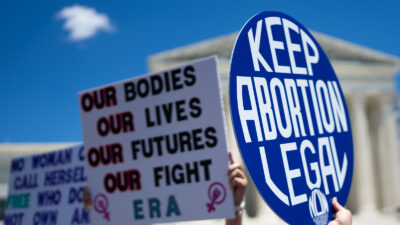 National Women's Strike holds a protest marking the second anniversary of Dobbs v Jackson, the supreme court decision that overturned Roe v Wade, outside the US supreme court in Washington DC on 24 June 2024.